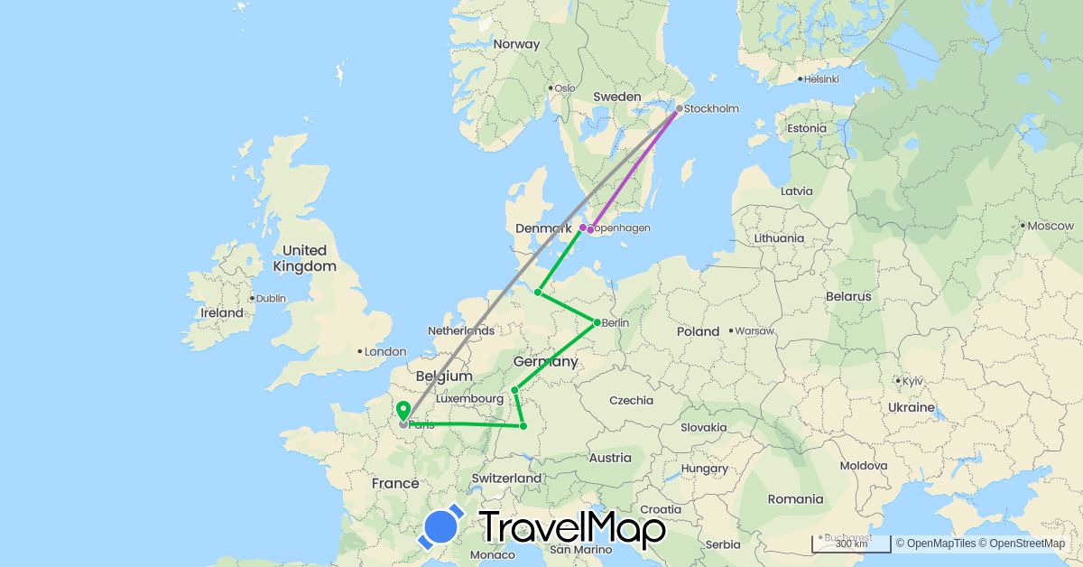 TravelMap itinerary: bus, plane, train in Germany, Denmark, France, Sweden (Europe)