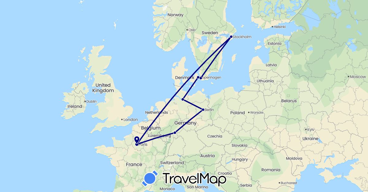 TravelMap itinerary: driving in Germany, France, Sweden (Europe)